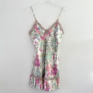 Victorias Secret Vintage Gold Label Satin Slip Dress Medium Floral Pleated Lace